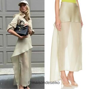 NWT Helsa Silk Gazar Maxi Skirt with Drape Wrap Organza Stone Beige size Small